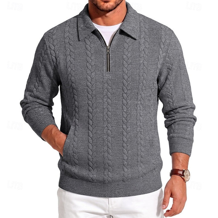 Corvund | Herren Strickpullover Zopfmuster Viertelreißverschluss - Light Blue - Image 7