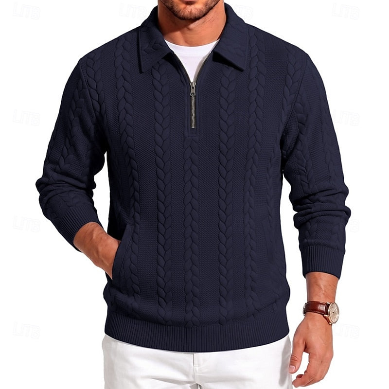 Corvund | Herren Strickpullover Zopfmuster Viertelreißverschluss - Light Blue - Image 8