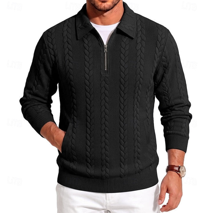 Corvund | Herren Strickpullover Zopfmuster Viertelreißverschluss - Light Blue - Image 9
