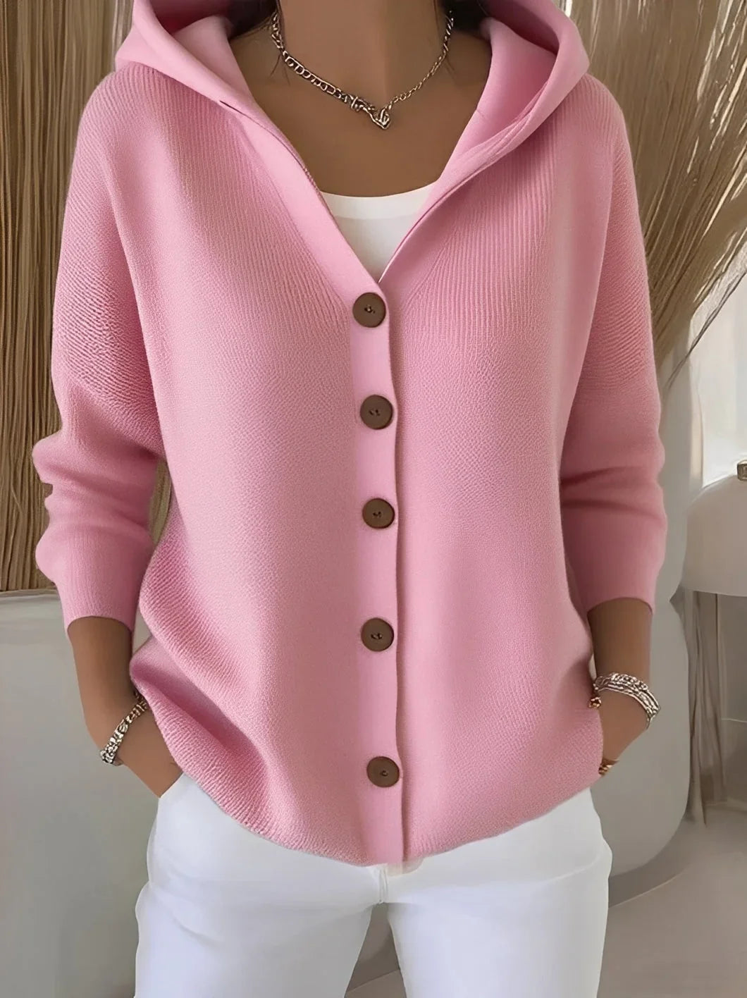 Delvaine | Damen Strickjacke mit Kapuze Oversize - Pink - Image 1