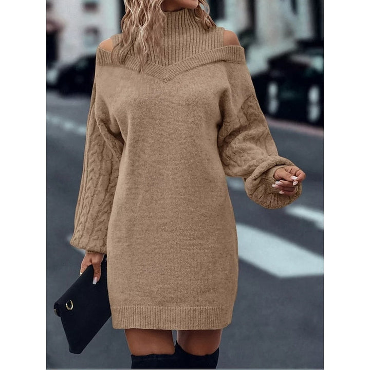 Delvorna | Damen Schulterfreies Strickkleid Mini - Camel - Image 1