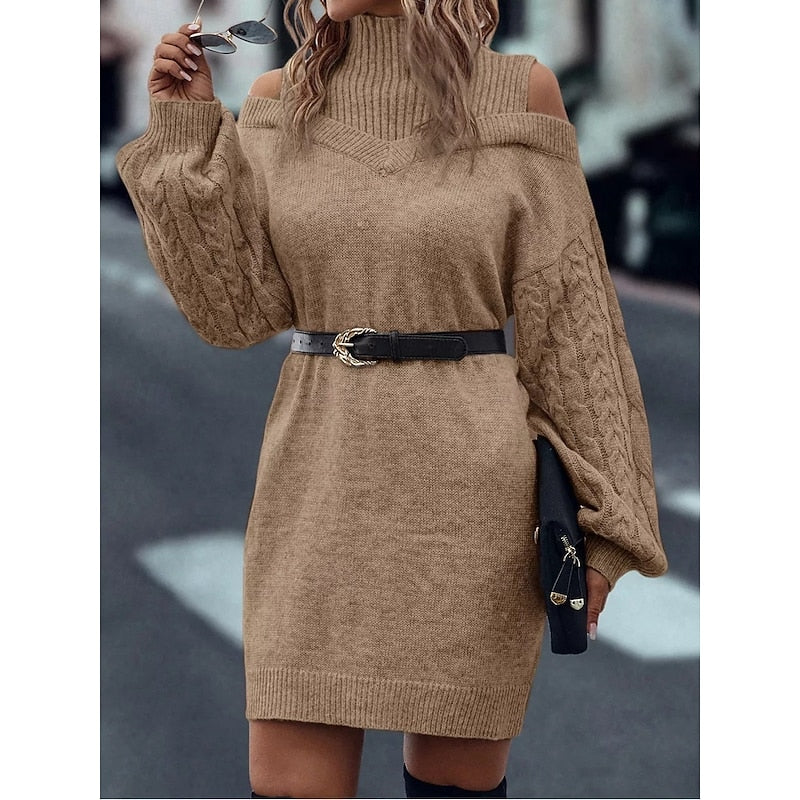 Delvorna | Damen Schulterfreies Strickkleid Mini - Camel - Image 2
