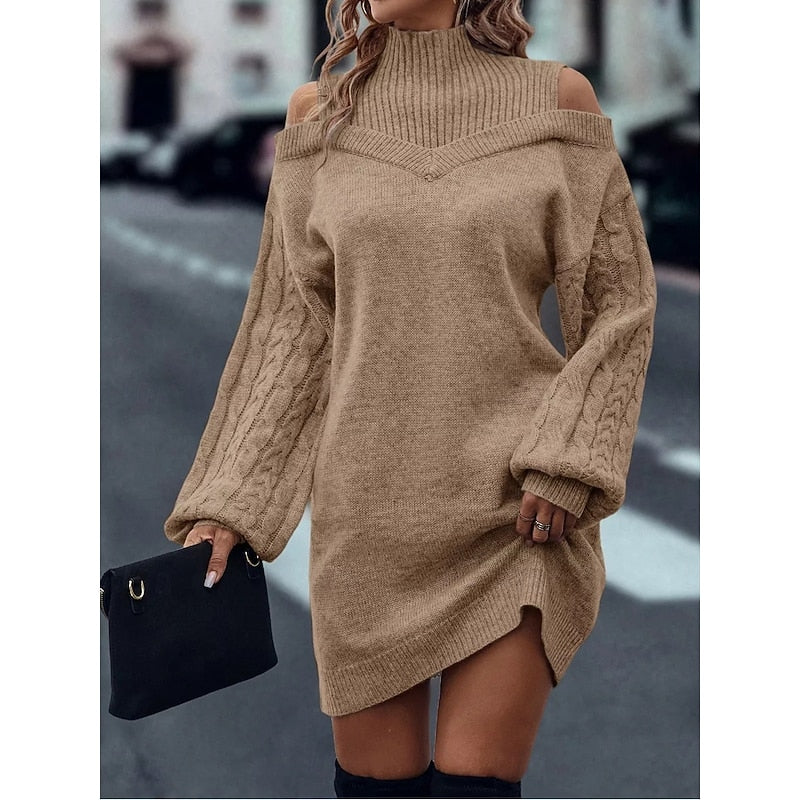 Delvorna | Damen Schulterfreies Strickkleid Mini - Camel - Image 3