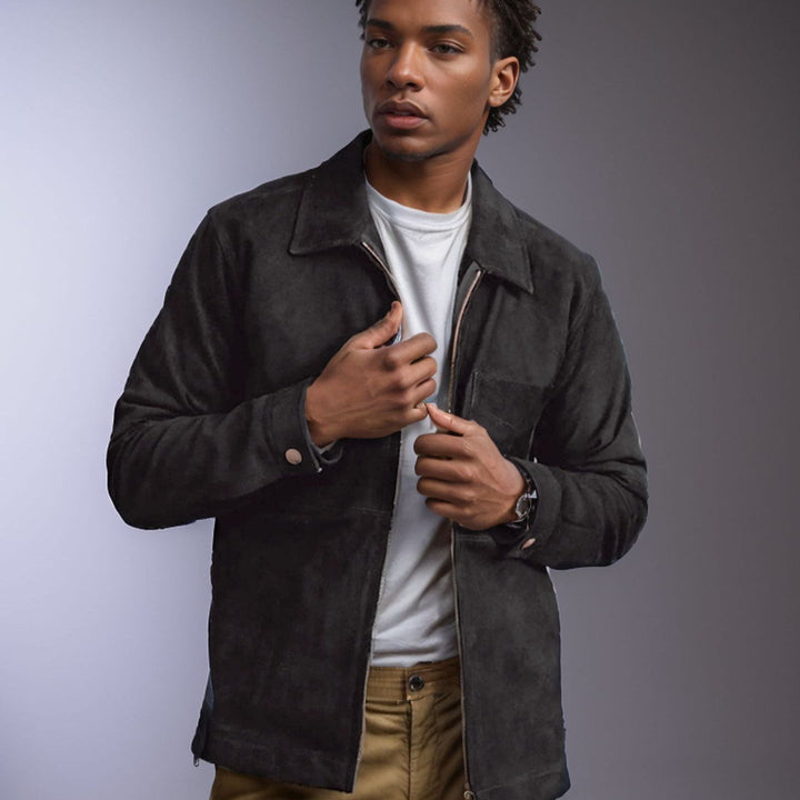 Dravind | Herren Veloursleder Jacke mit Reißverschluss - Dark Grey - Image 1