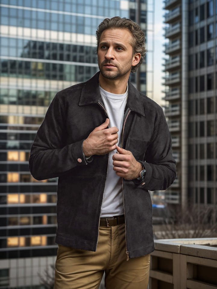 Dravind | Herren Veloursleder Jacke mit Reißverschluss - Dark Grey - Image 10