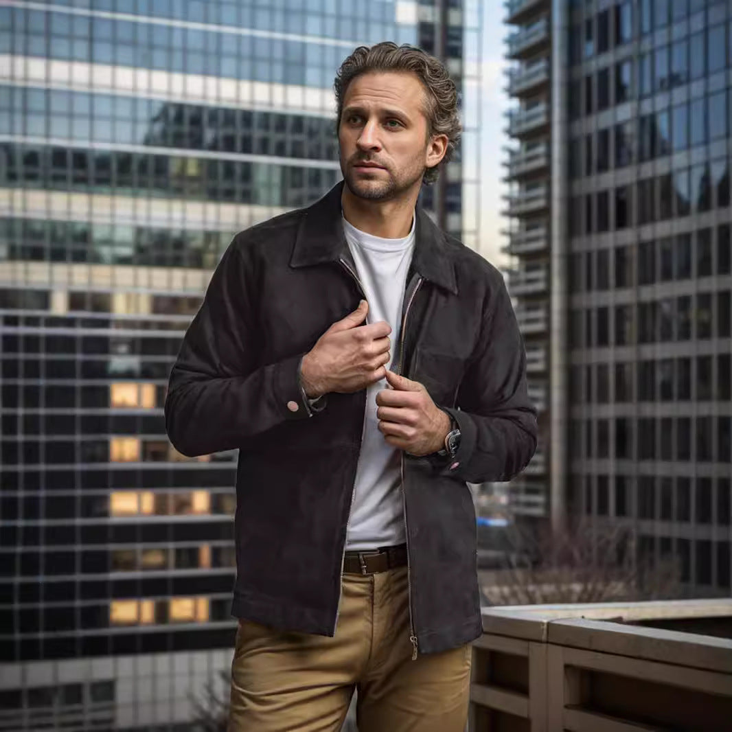 Dravind | Herren Veloursleder Jacke mit Reißverschluss - Dark Grey - Image 3