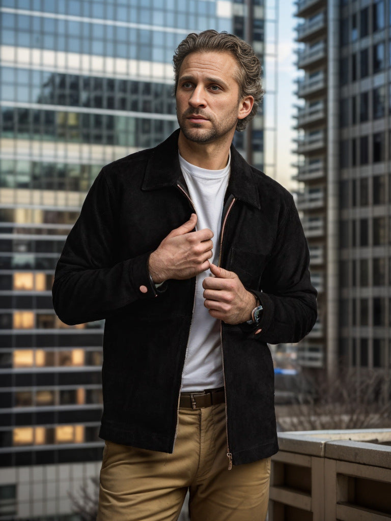 Dravind | Herren Veloursleder Jacke mit Reißverschluss - Dark Grey - Image 9