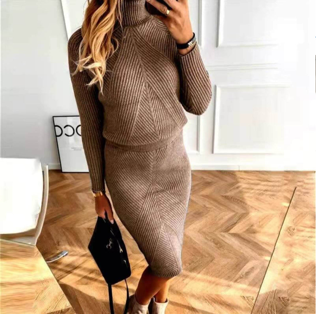 Dravinda | Damen Strickkleid Rollkragen Midi - Taupe - Image 1