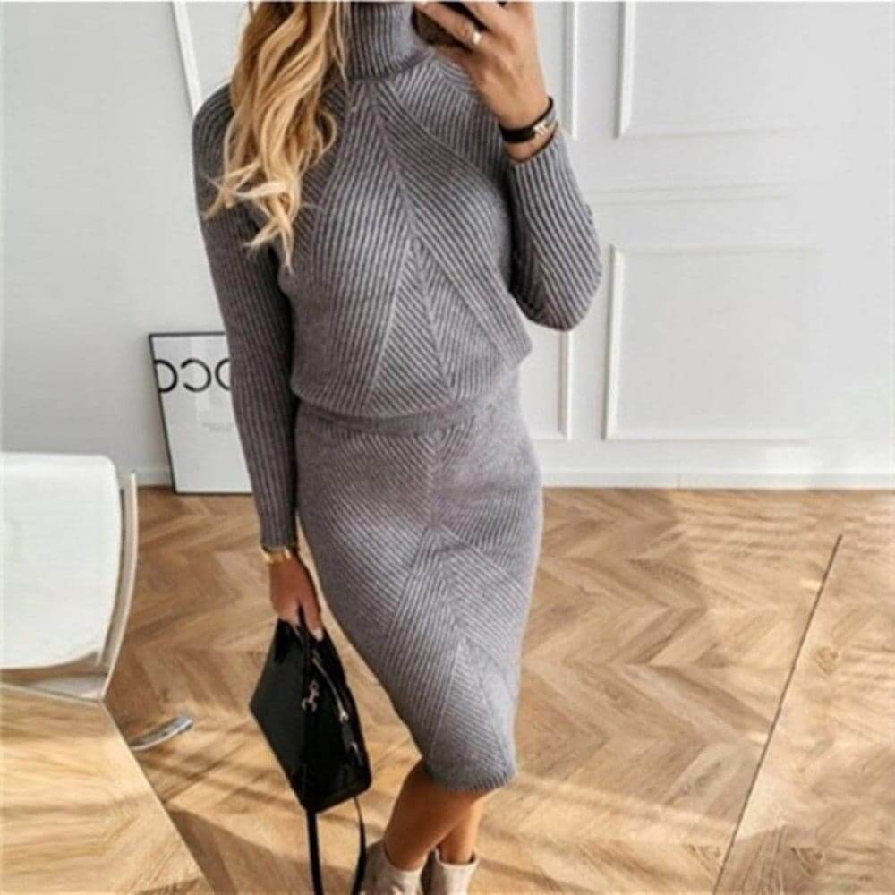 Dravinda | Damen Strickkleid Rollkragen Midi - Taupe - Image 9