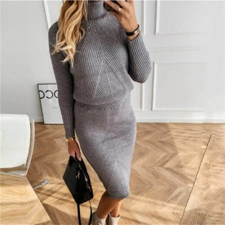 Dravinda | Damen Strickkleid Rollkragen Midi - Taupe - Image 9