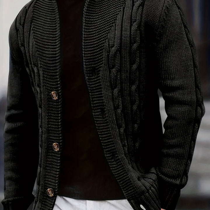 Dravken | Herren Strickjacke Zopfmuster Schalkragen - Black - Image 1