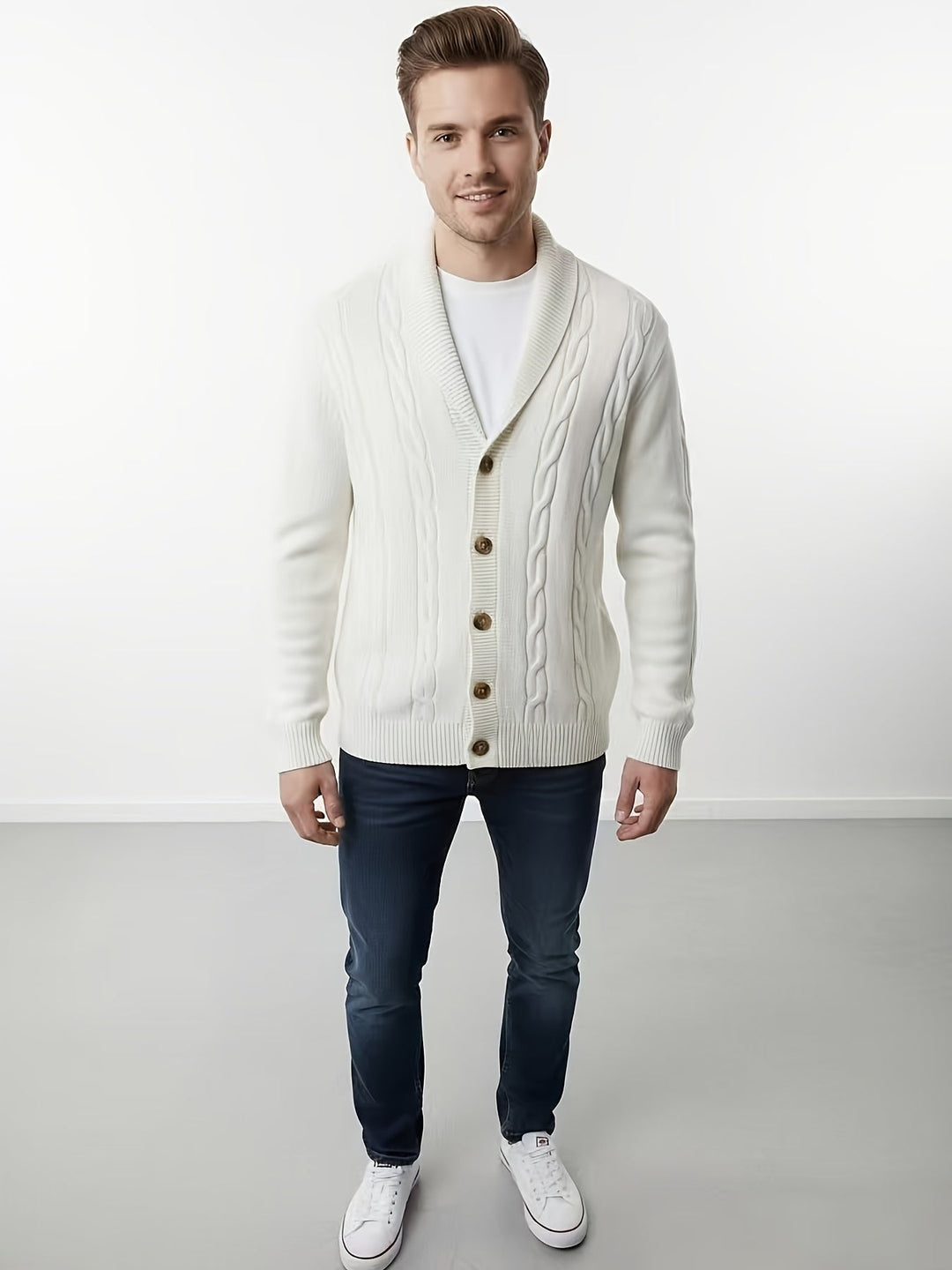Dravken | Herren Strickjacke Zopfmuster Schalkragen - Black - Image 10