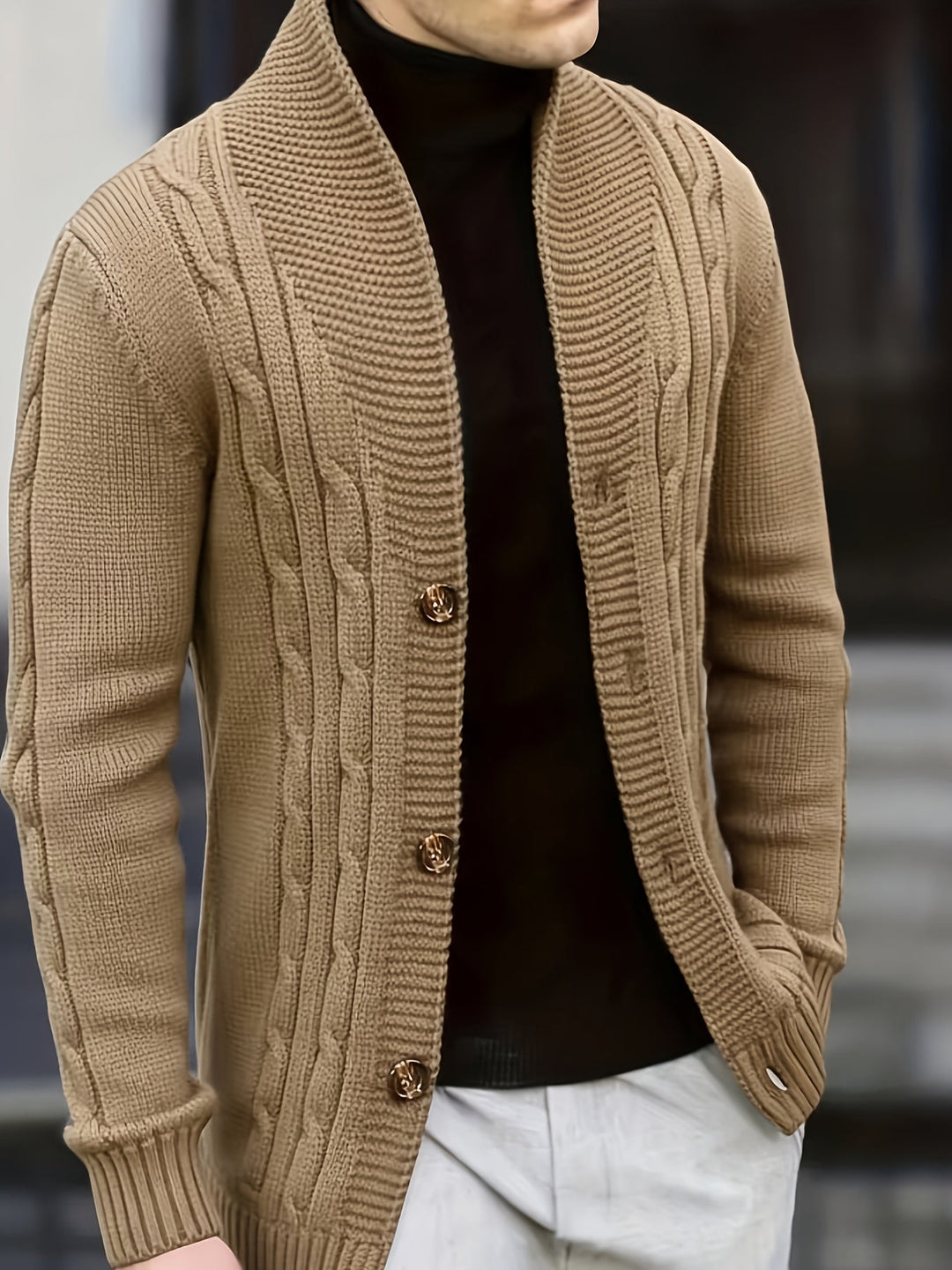Dravken | Herren Strickjacke Zopfmuster Schalkragen - Black - Image 12