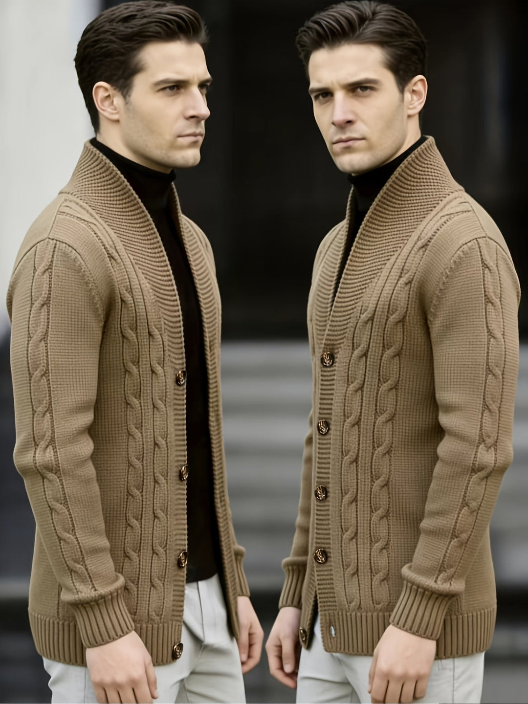 Dravken | Herren Strickjacke Zopfmuster Schalkragen - Black - Image 14