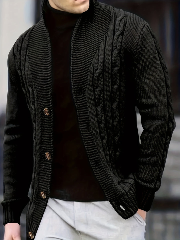 Dravken | Herren Strickjacke Zopfmuster Schalkragen - Black - Image 3