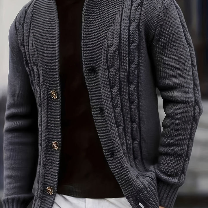 Dravken | Herren Strickjacke Zopfmuster Schalkragen - Black - Image 6
