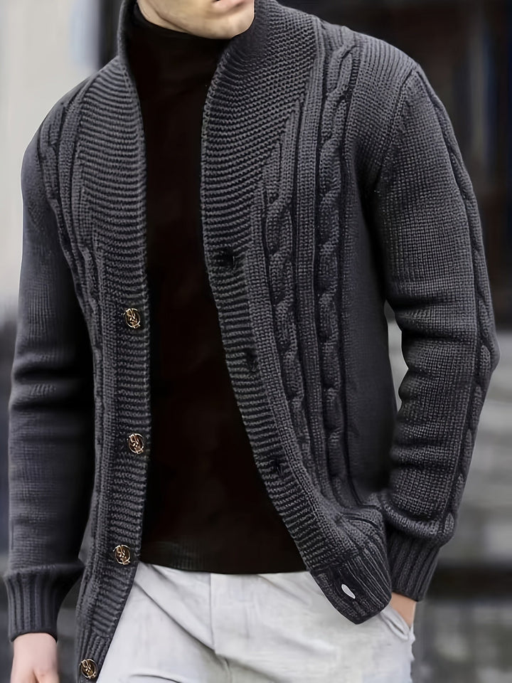 Dravken | Herren Strickjacke Zopfmuster Schalkragen - Black - Image 7