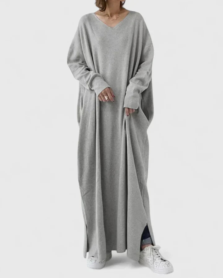 Drevan | Damen Oversize Maxi Strickkleid V-Ausschnitt - Light Grey - Image 1