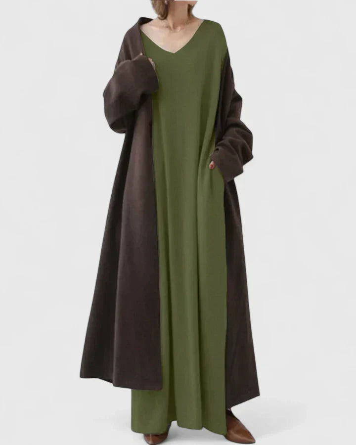 Drevan | Damen Oversize Maxi Strickkleid V-Ausschnitt - Light Grey - Image 2