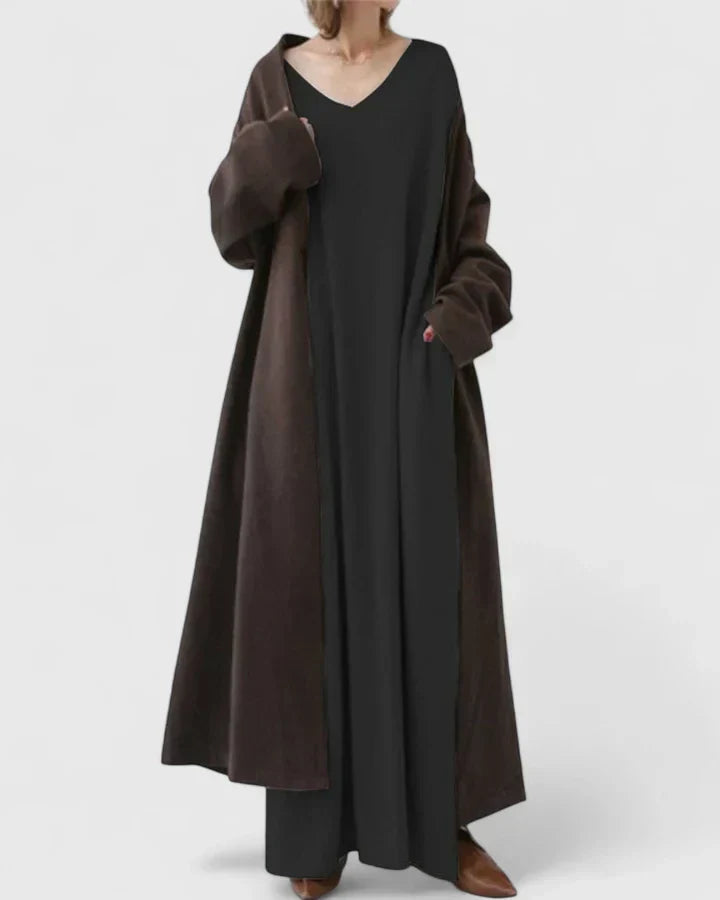 Drevan | Damen Oversize Maxi Strickkleid V-Ausschnitt - Light Grey - Image 4