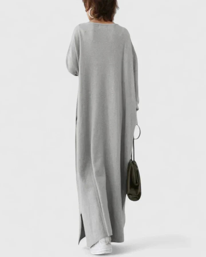 Drevan | Damen Oversize Maxi Strickkleid V-Ausschnitt - Light Grey - Image 5