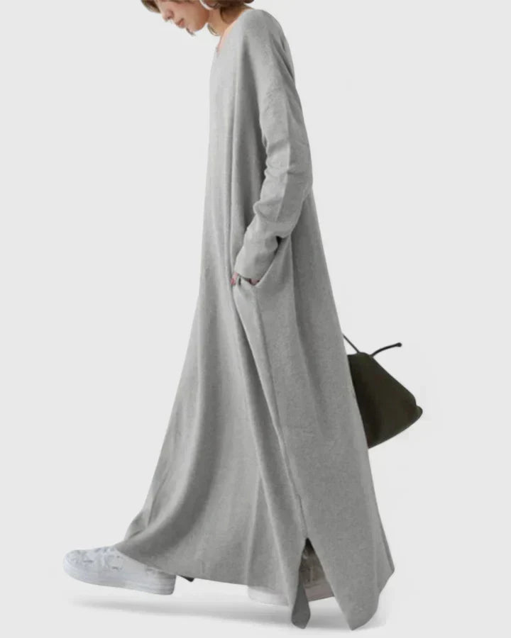 Drevan | Damen Oversize Maxi Strickkleid V-Ausschnitt - Light Grey - Image 7