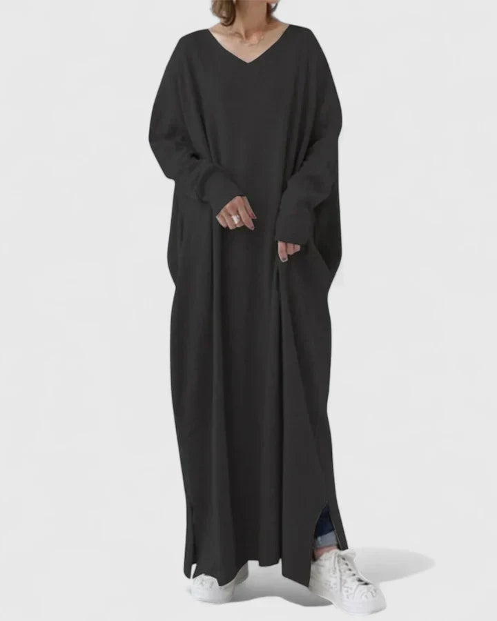 Drevan | Damen Oversize Maxi Strickkleid V-Ausschnitt - Light Grey - Image 8