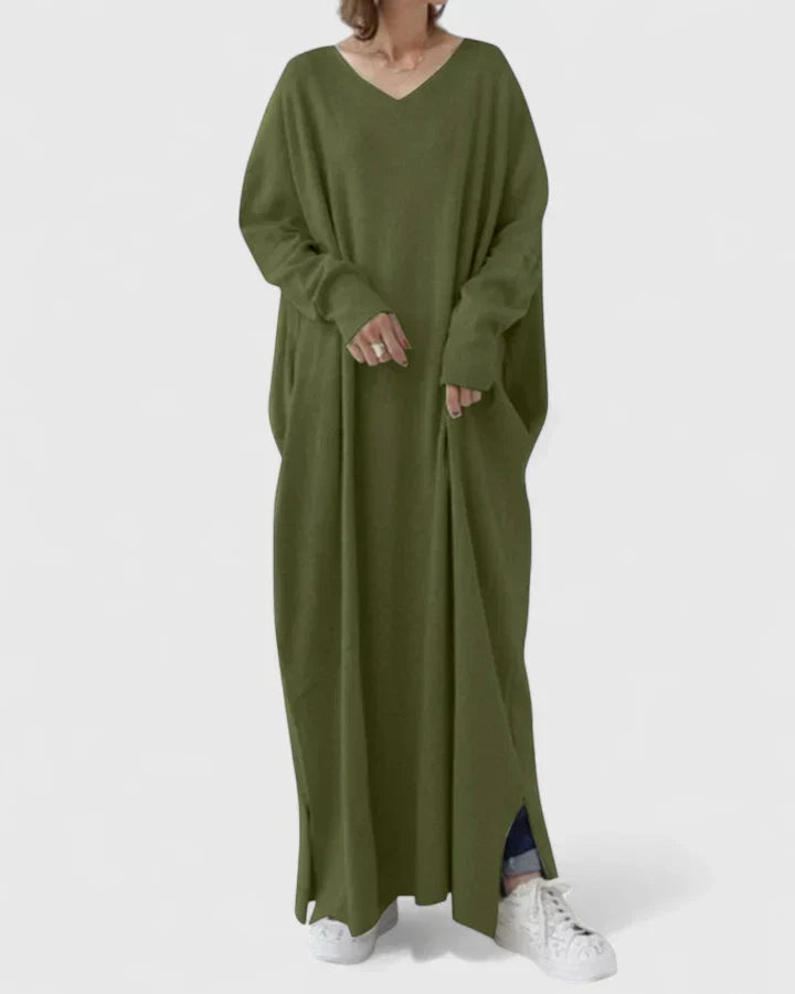Drevan | Damen Oversize Maxi Strickkleid V-Ausschnitt - Light Grey - Image 9