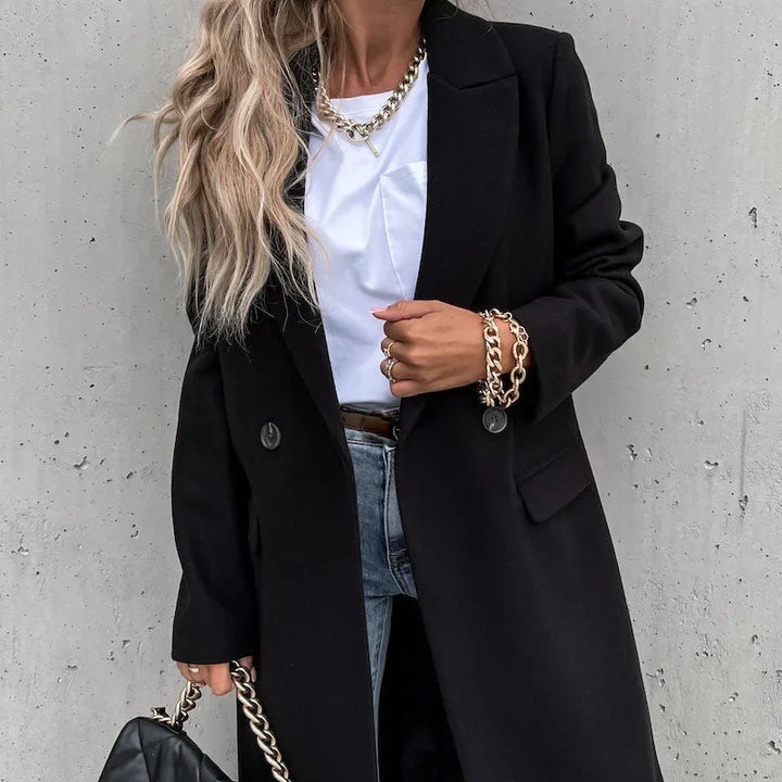 Druvaine | Damen Langer Wintermantel Reverskragen - Black - Image 1