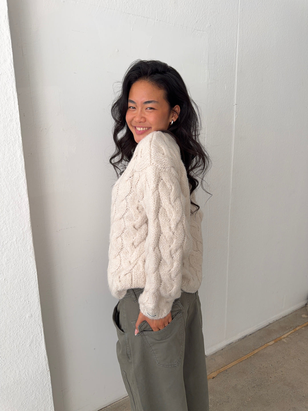 Druveld | Damen Strickpullover Zopfmuster Oversize - Cream - Image 5
