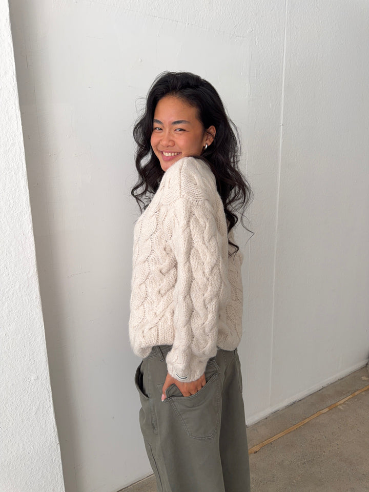 Druveld | Damen Strickpullover Zopfmuster Oversize - Cream - Image 5