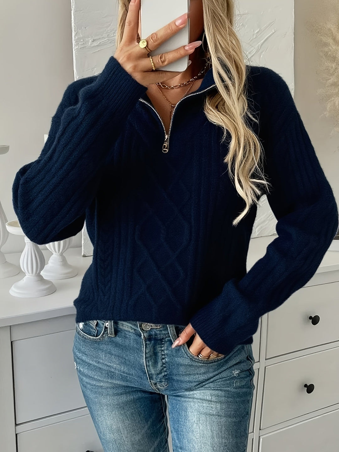 Eldvine | Damen Zopfmuster Pullover mit Reißverschluss - Navy - Image 7