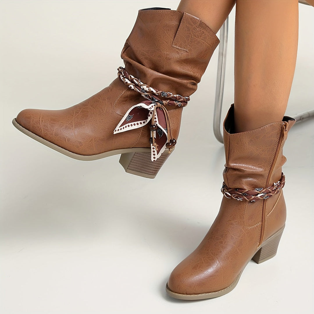 Eldvona | Damen Stiefeletten Western Schlupfstiefel Blockabsatz - Brown - Image 3