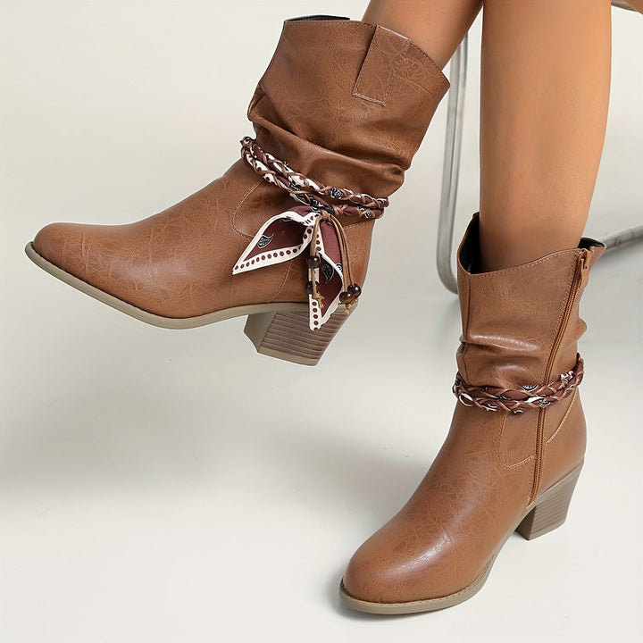 Eldvona | Damen Stiefeletten Western Schlupfstiefel Blockabsatz - Brown - Image 3