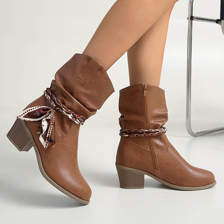 Eldvona | Damen Stiefeletten Western Schlupfstiefel Blockabsatz - Brown - Image 4