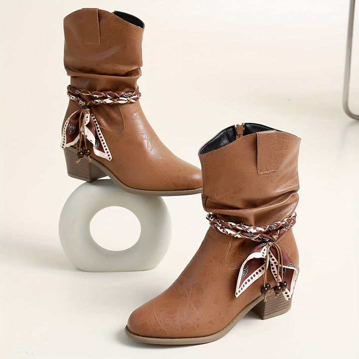 Eldvona | Damen Stiefeletten Western Schlupfstiefel Blockabsatz - Brown - Image 7