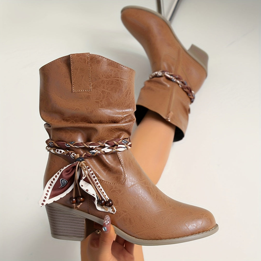 Eldvona | Damen Stiefeletten Western Schlupfstiefel Blockabsatz - Brown - Image 8