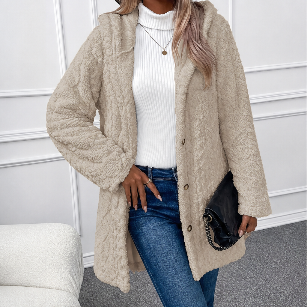 Femvora | Damen Winterjacke Teddyfleece mit Kapuze - Beige - Image 1