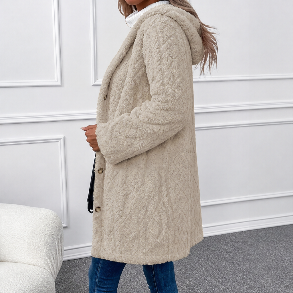 Femvora | Damen Winterjacke Teddyfleece mit Kapuze - Beige - Image 2