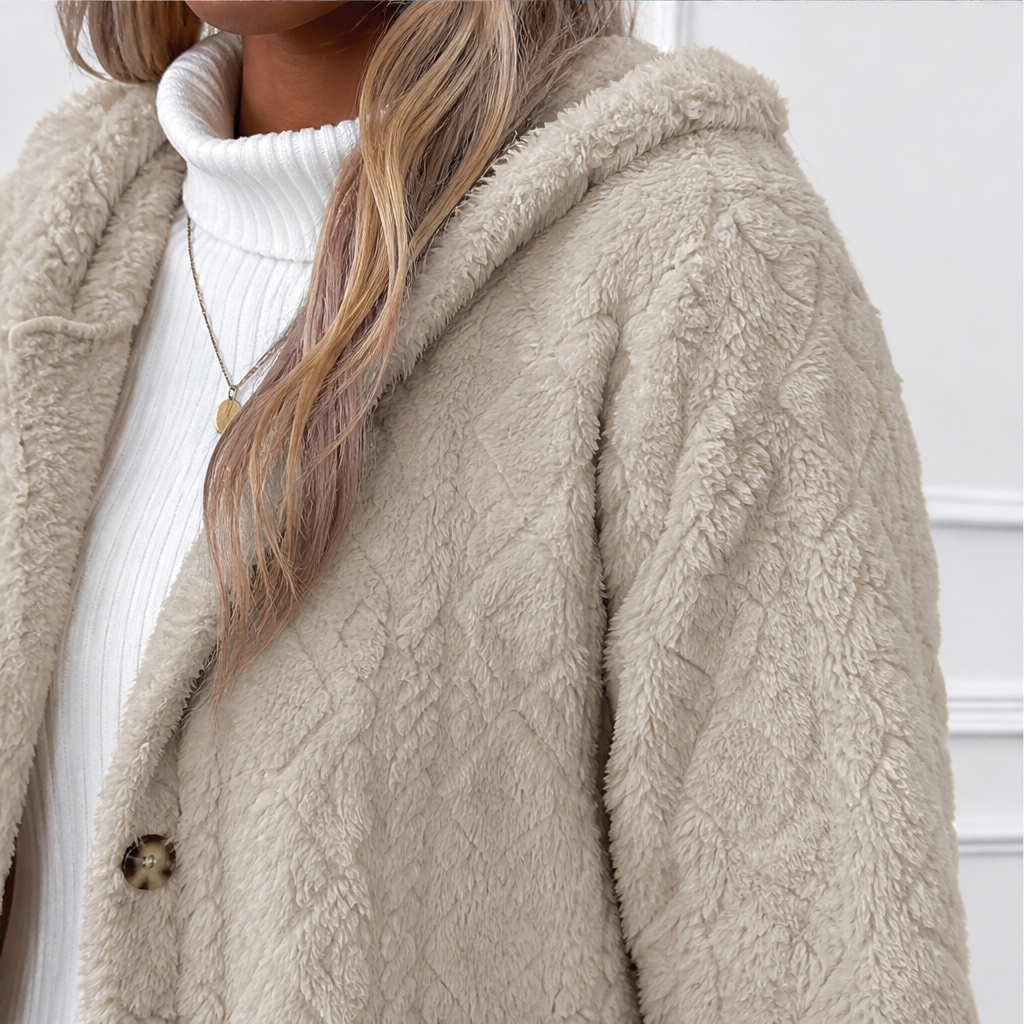 Femvora | Damen Winterjacke Teddyfleece mit Kapuze - Beige - Image 4