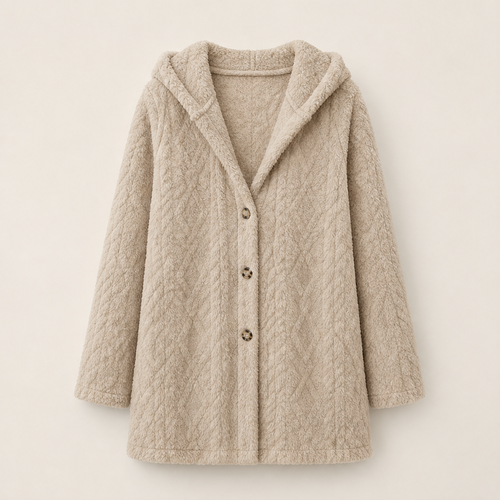 Femvora | Damen Winterjacke Teddyfleece mit Kapuze - Beige - Image 5