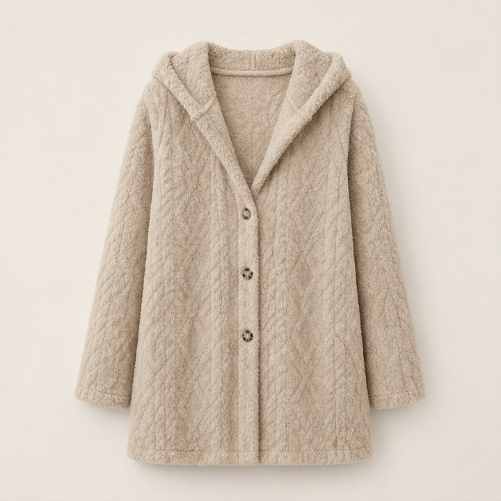 Femvora | Damen Winterjacke Teddyfleece mit Kapuze - Beige - Image 5