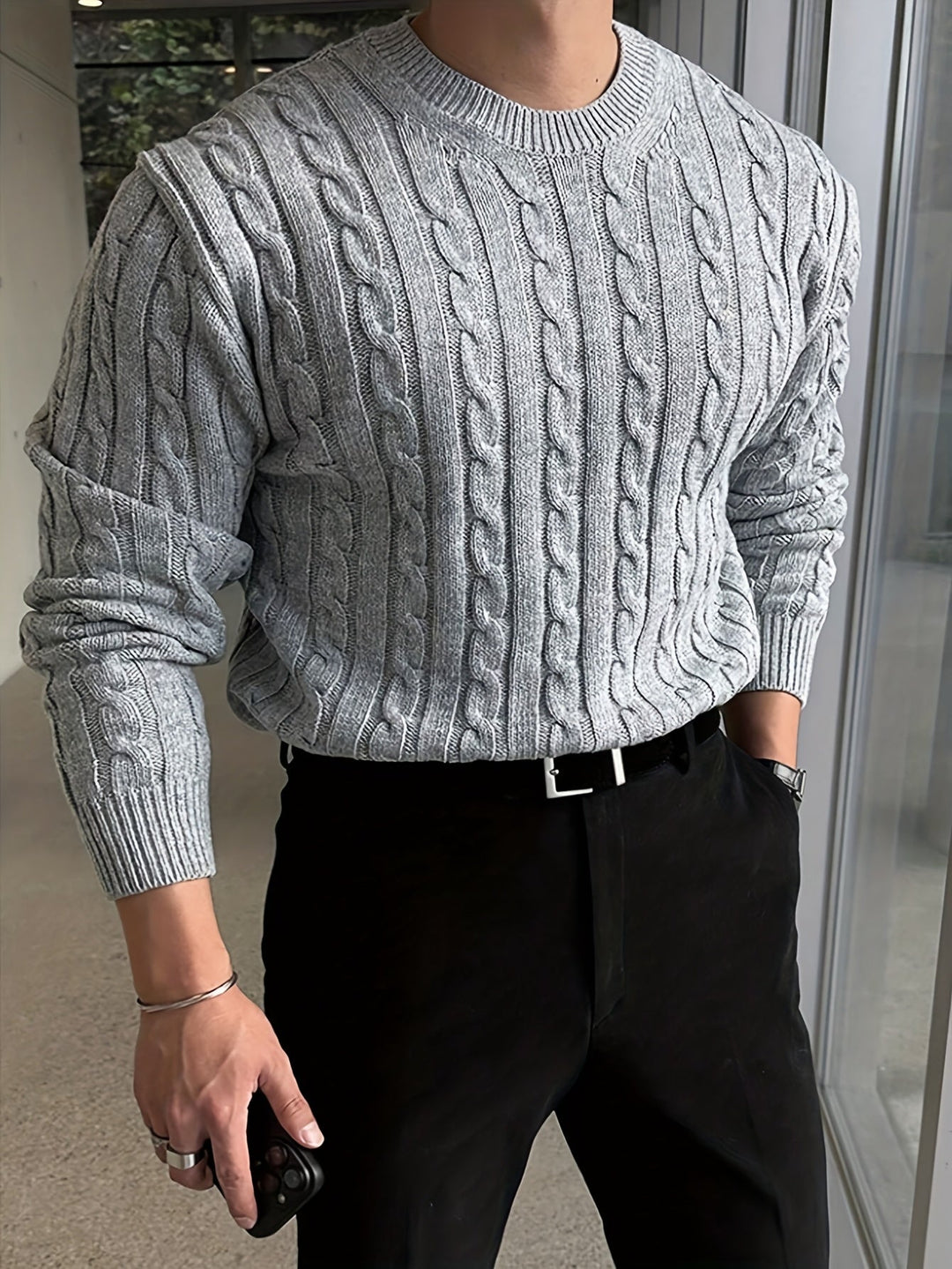 Fenold | Herren Pullover Zopfmuster Rundhals - Light Grey - Image 1