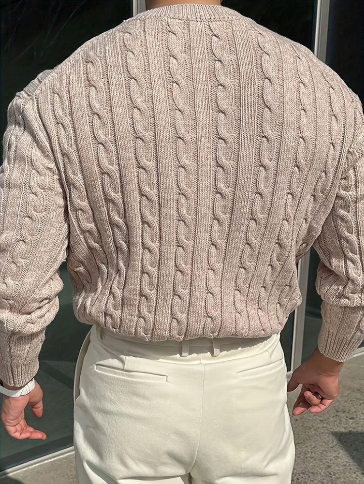 Fenold | Herren Pullover Zopfmuster Rundhals - Light Grey - Image 10