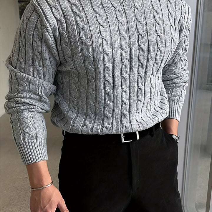 Fenold | Herren Pullover Zopfmuster Rundhals - Light Grey - Image 14