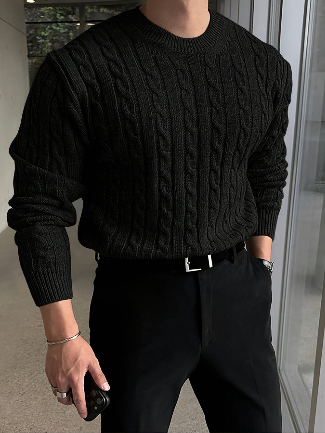 Fenold | Herren Pullover Zopfmuster Rundhals - Light Grey - Image 2