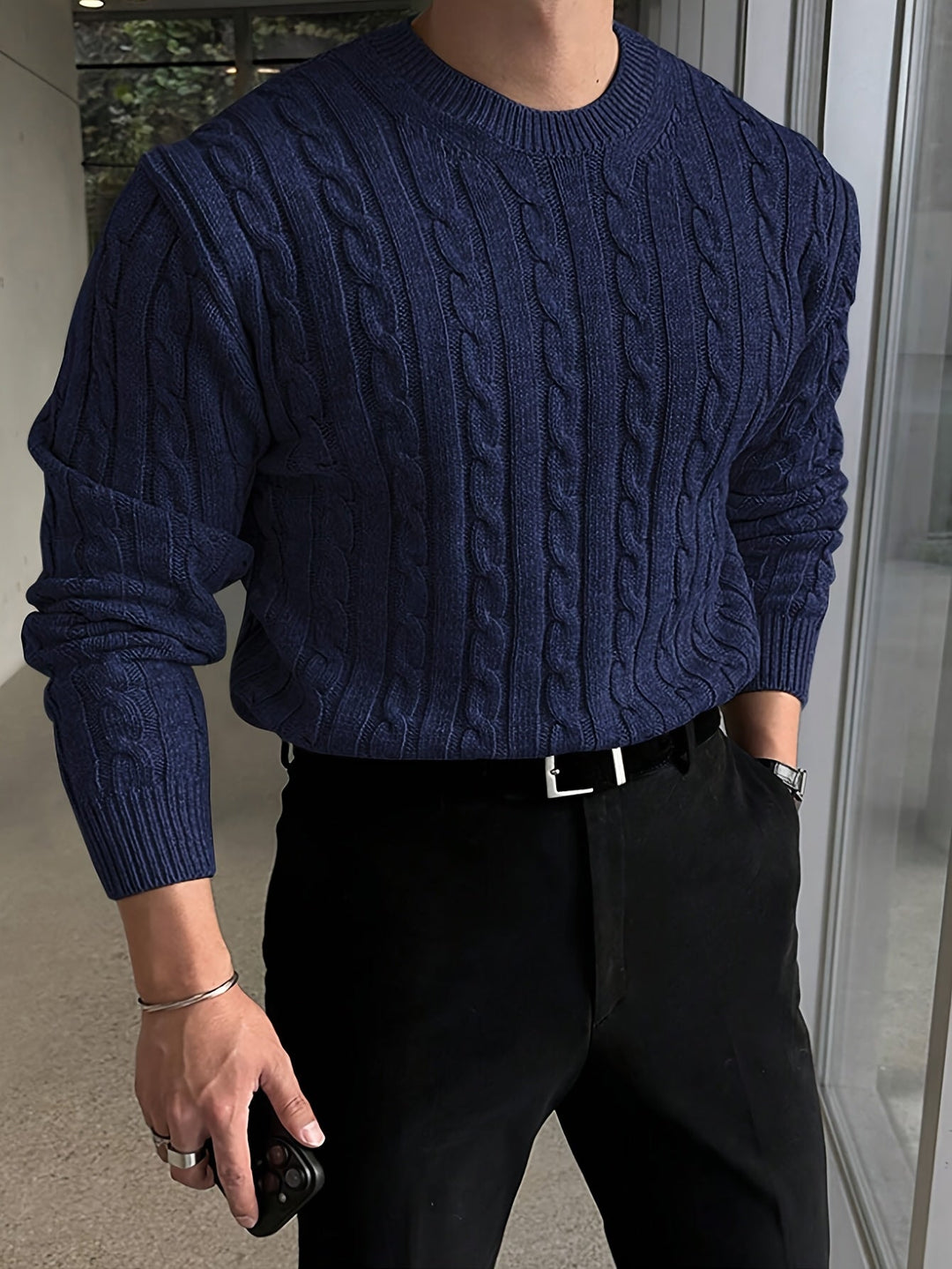 Fenold | Herren Pullover Zopfmuster Rundhals - Light Grey - Image 3
