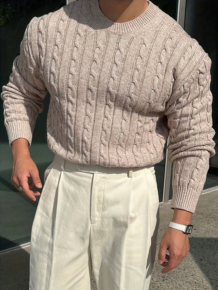 Fenold | Herren Pullover Zopfmuster Rundhals - Light Grey - Image 5