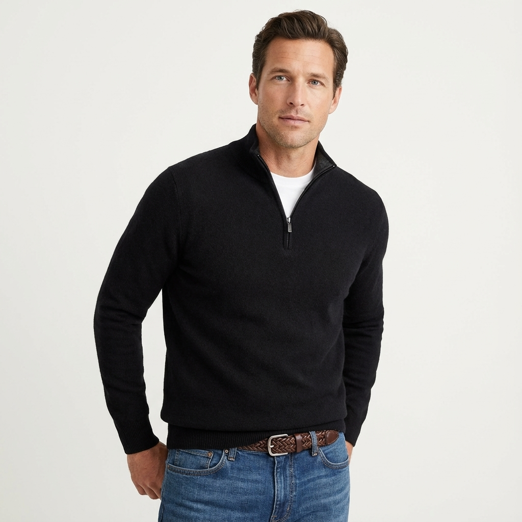 Fenward | Herren Strickpullover Quarter-Zip Stehkragen - Black - Image 1