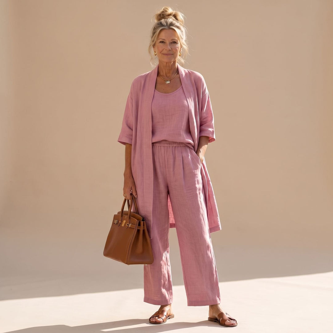 Freyolka | Damen Strickjacke Set Weite Hose Cardigan - Pink - Image 1